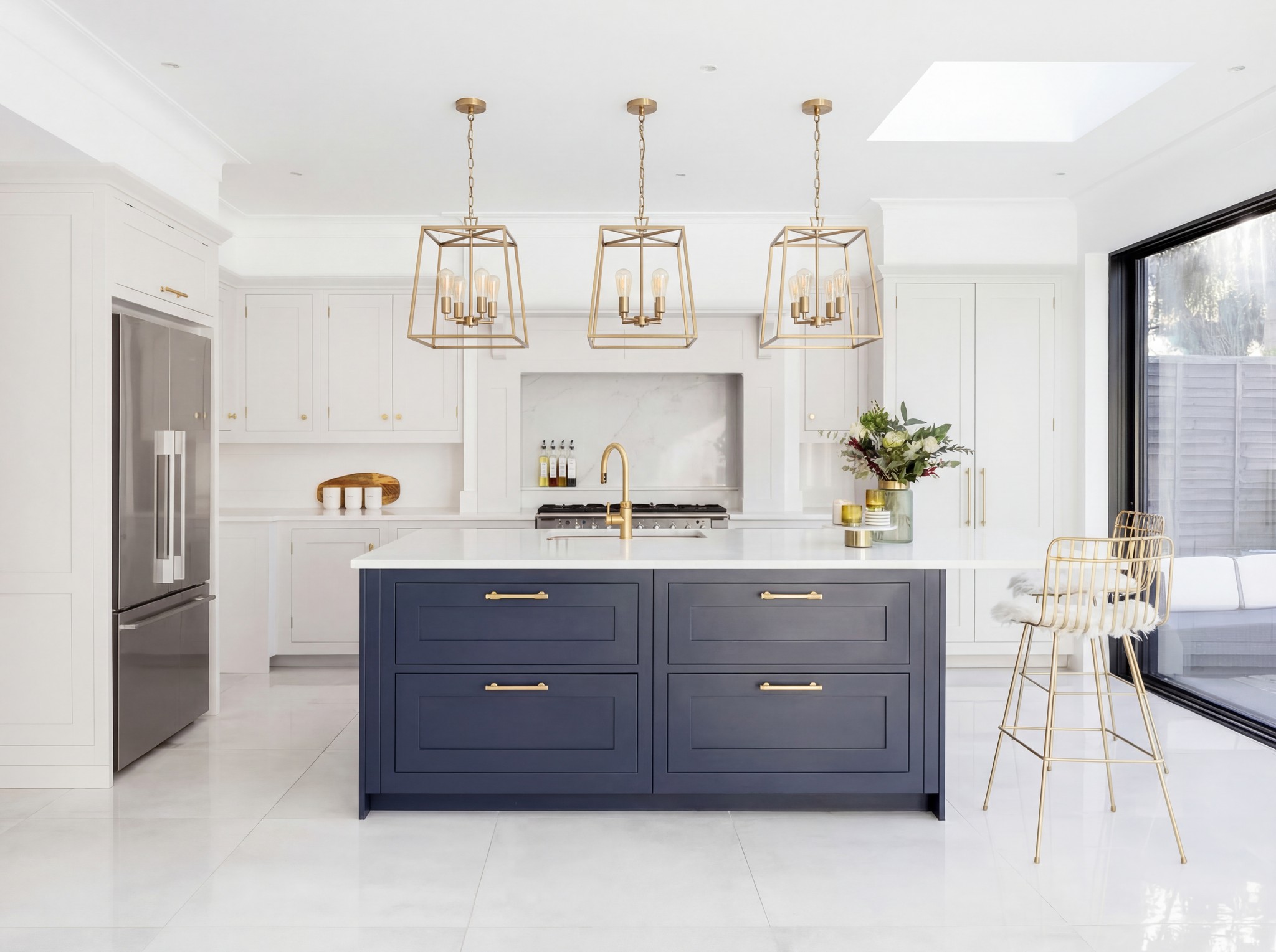 White kitchen with a navy island, brass lantern pendants and large glazed doors