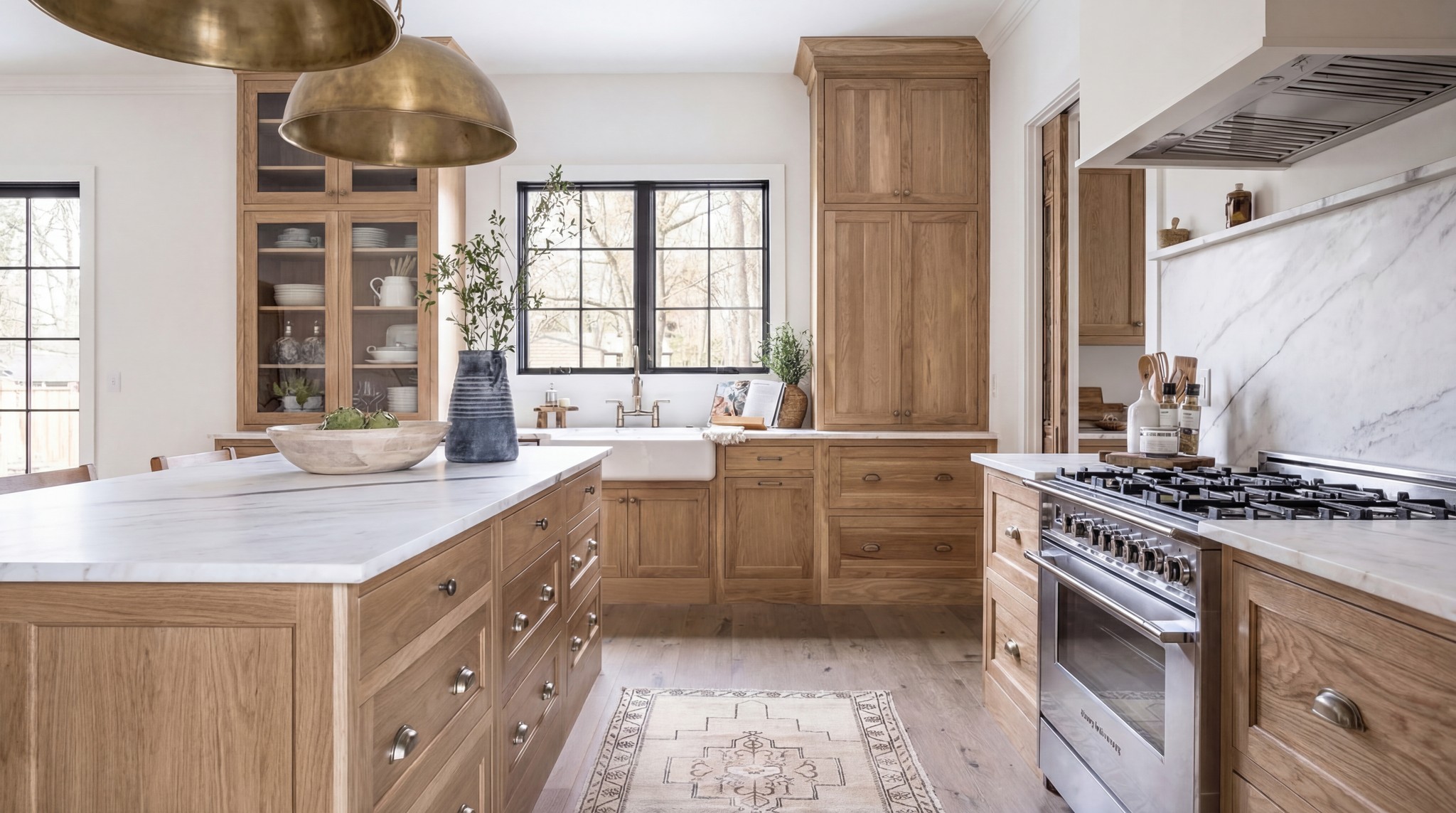 Oak kitchen with a large island, marble worktops, range cooker and brass pendant lights
