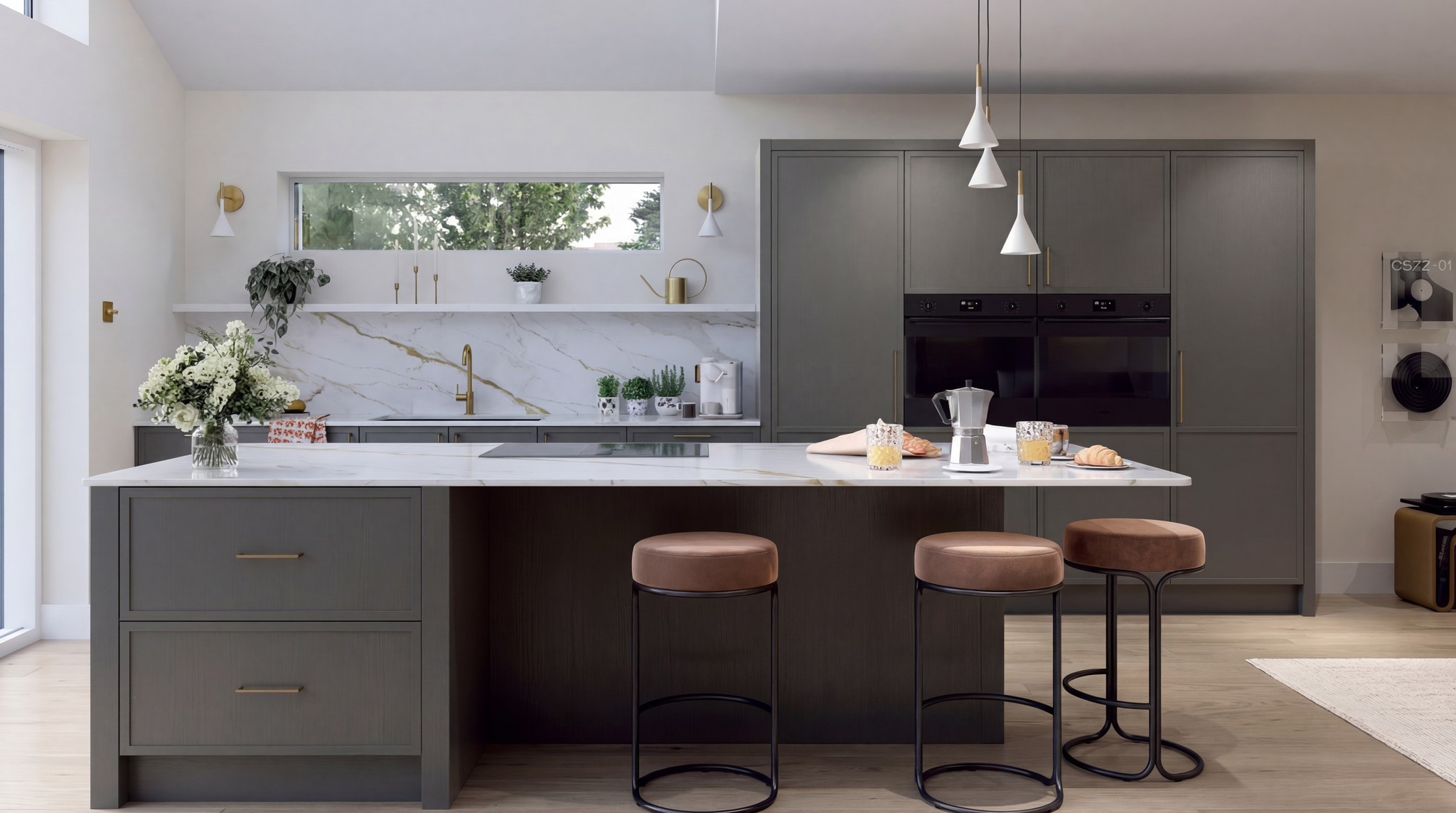 Charcoal grey kitchen with an island, marble splashback and leather bar stools