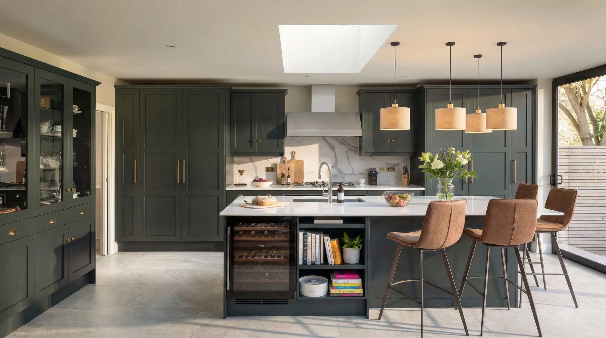 Dark green kitchen with an island, tan leather bar stools and pendant lights – Ealing renovation