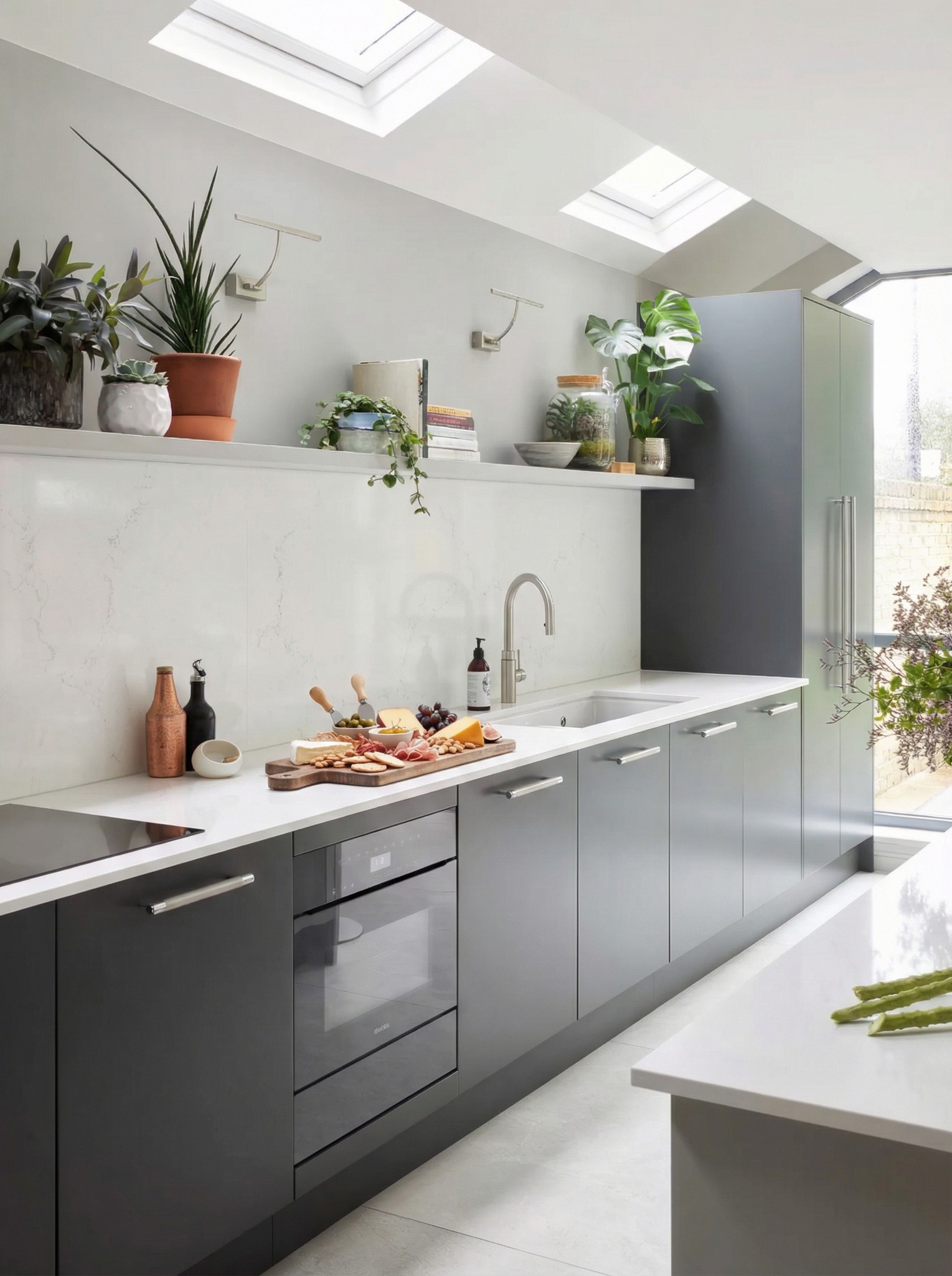 Charcoal handleless kitchen with open shelving, skylights and integrated oven