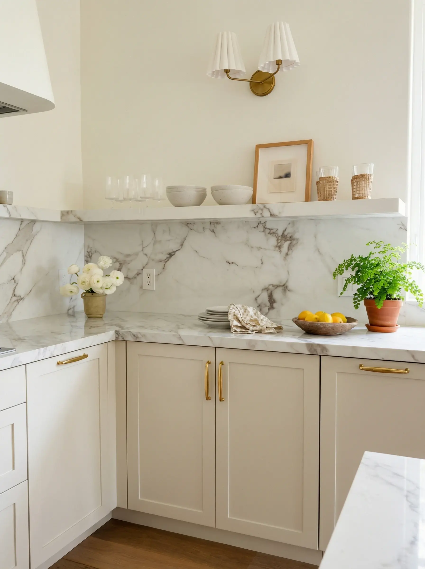 Cream shaker kitchen with a marble splashback, open shelf and brass handles