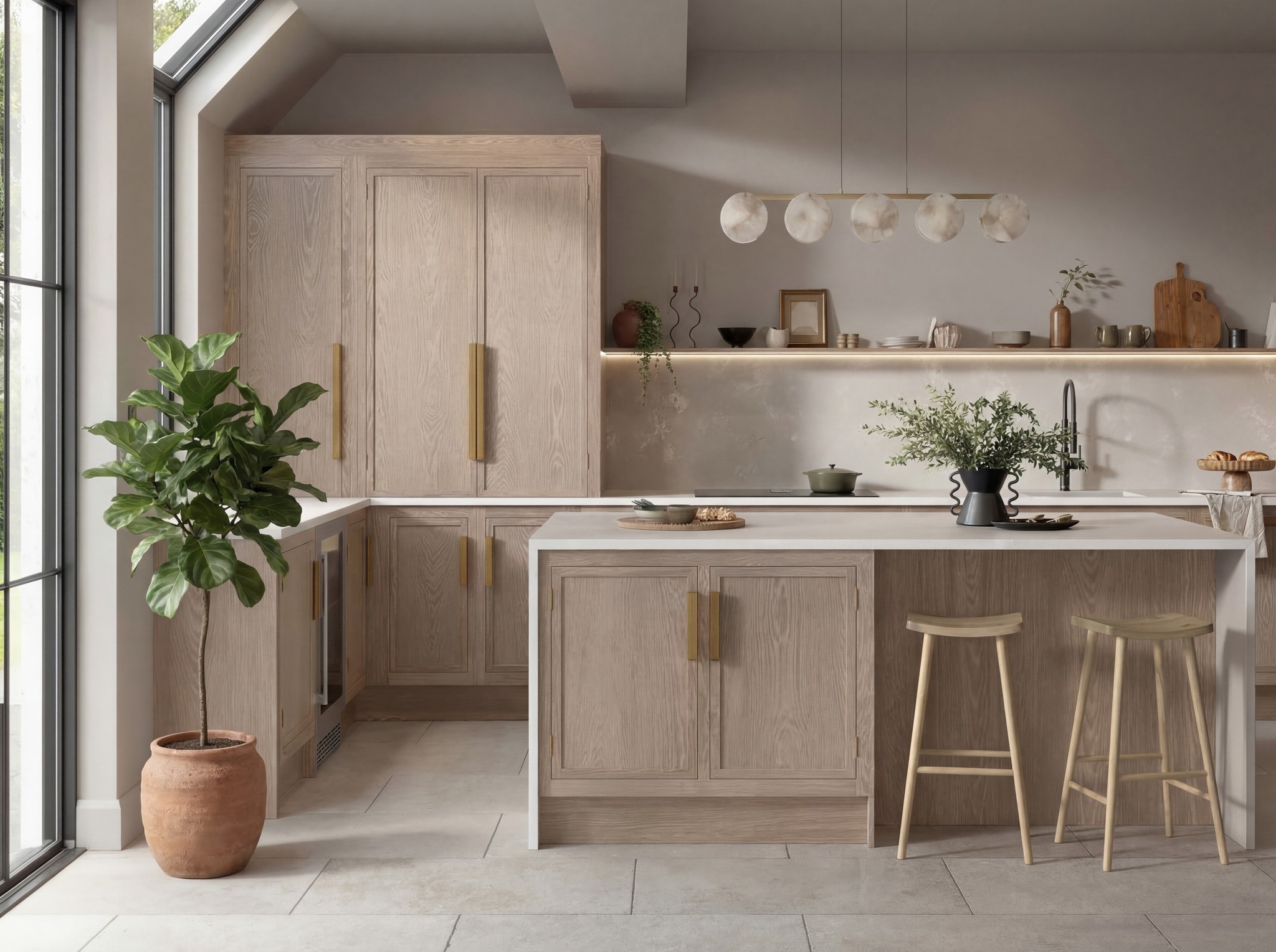 Pale oak kitchen with an island, timber bar stools and potted fig tree