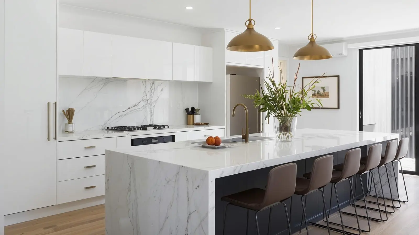 Modern white kitchen with a marble waterfall island and brass pendants