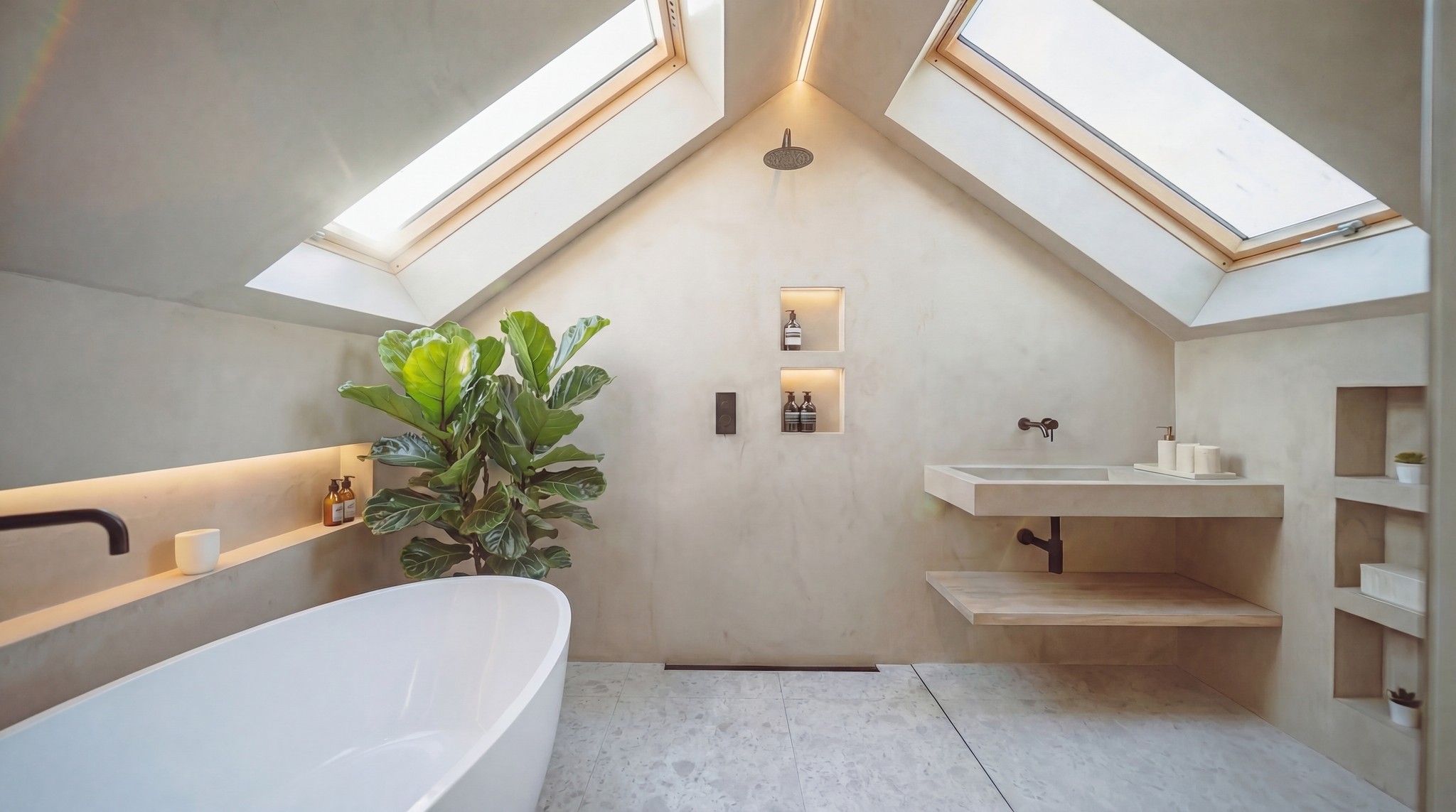 Loft bathroom with skylights, freestanding bath, plaster-finish walls and floating timber shelf