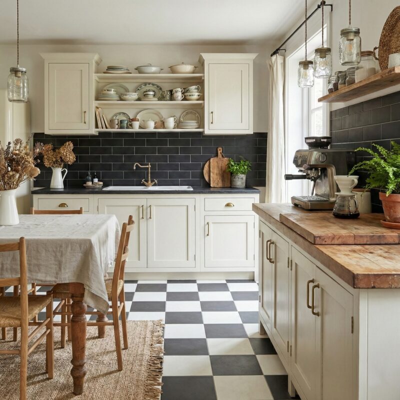 Cream country kitchen with a black and white chequered floor and open plate rack