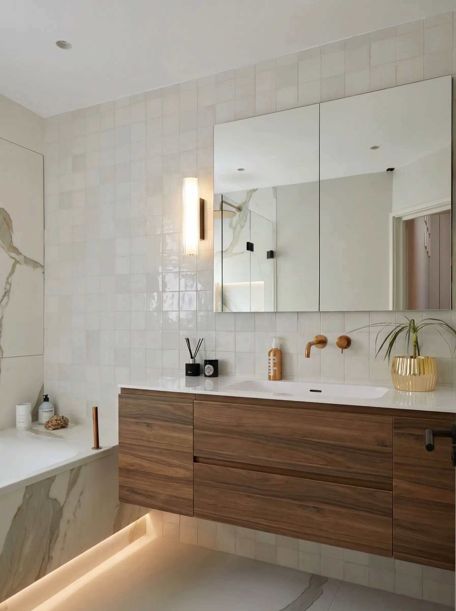 Bathroom with a floating walnut vanity, illuminated mirror cabinet and brass taps