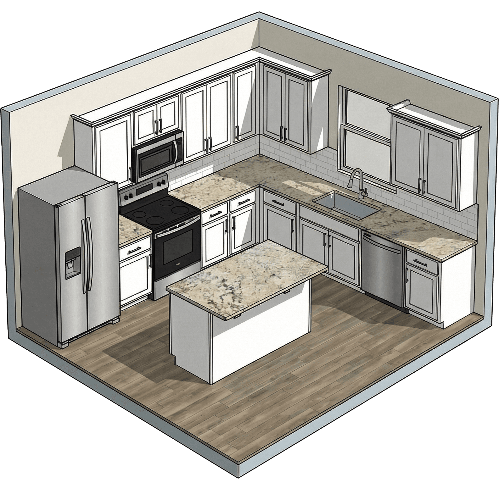 3D kitchen design render of an L-shaped layout with island and granite worktops