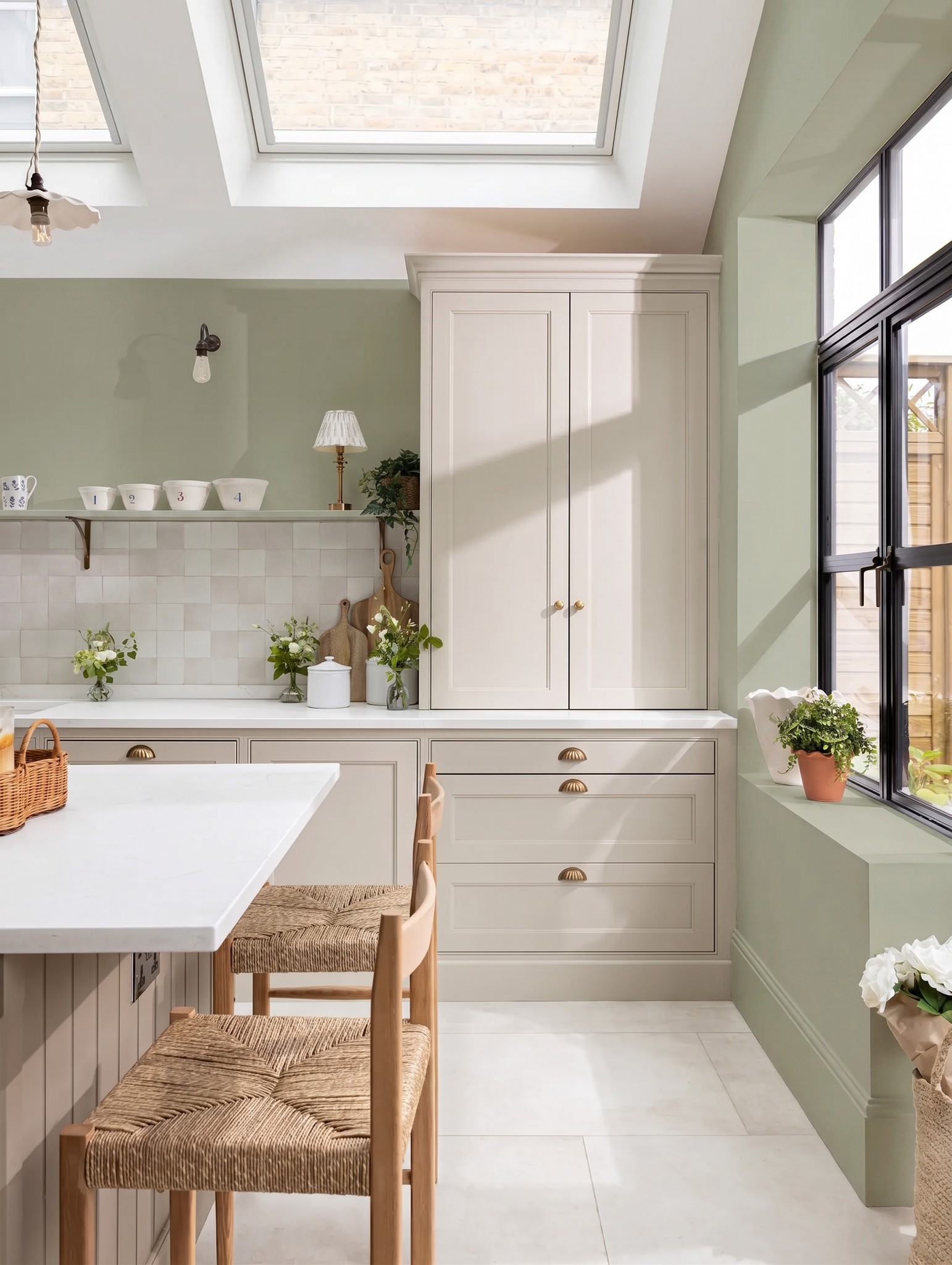 Cream shaker kitchen with sage green walls, skylight and rush-seat stools