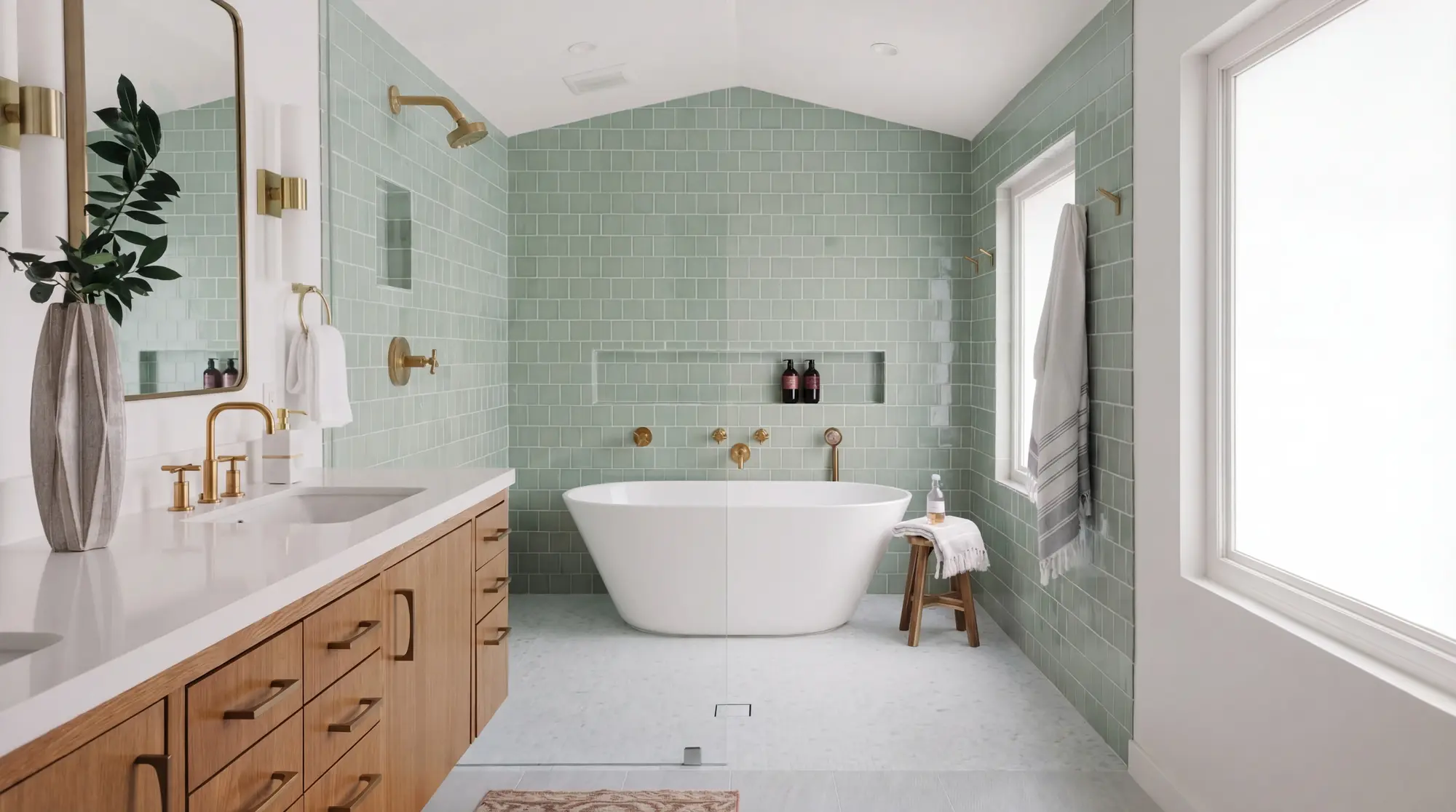 Bathroom with sage green tiles, freestanding bath, oak vanity and brass fittings