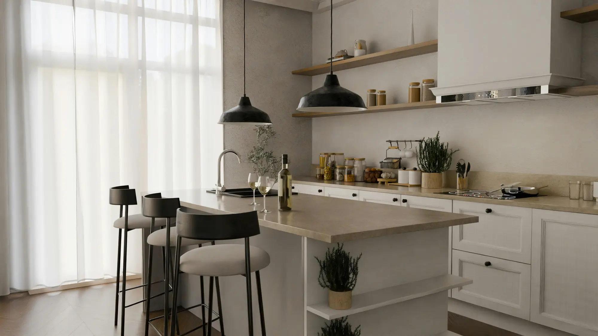 Modern kitchen with granite countertop, wood cabinetry and pendant lighting